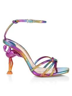 Sophia Webster Flo Flamingo-Heel Rainbow Metallic Leather Sandals